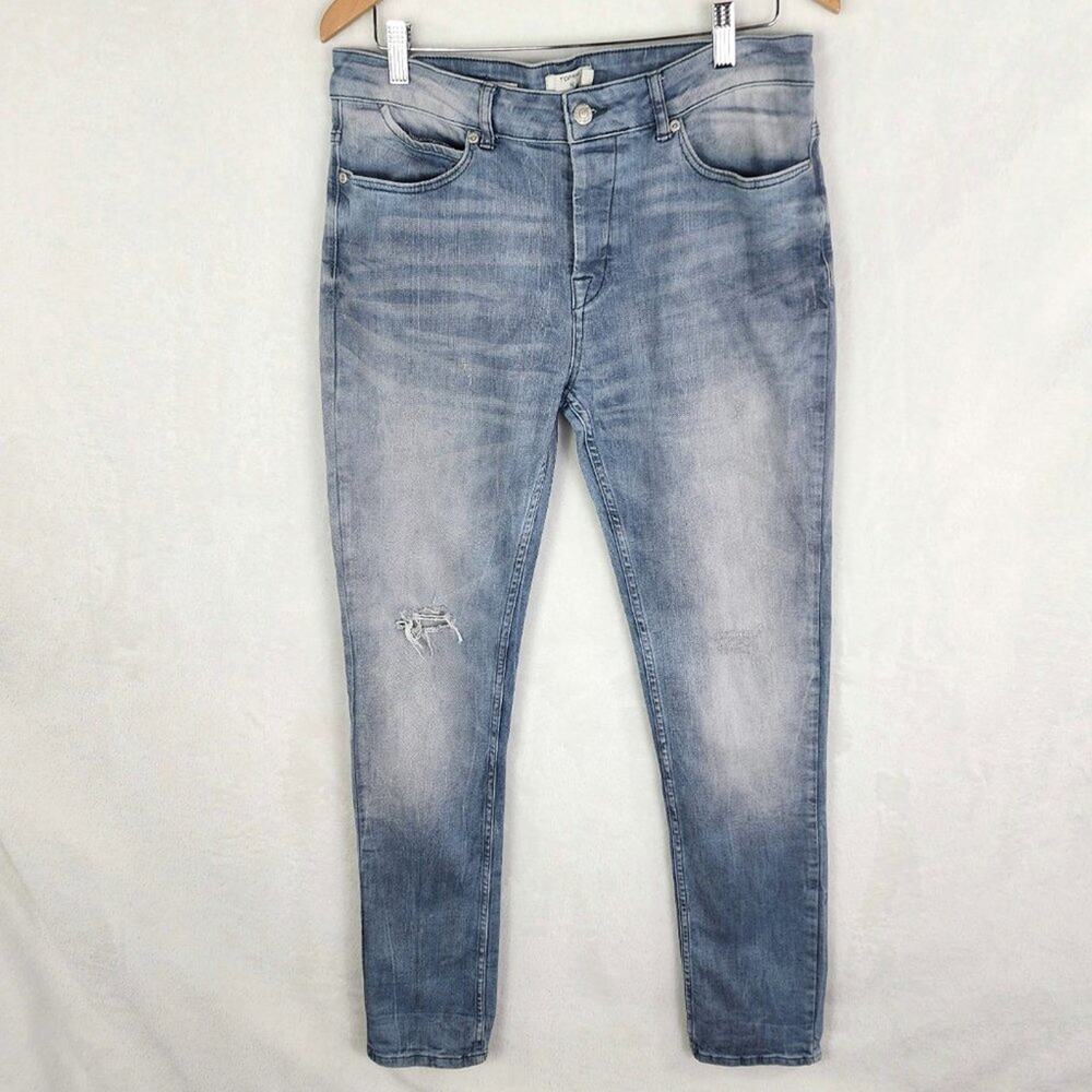 Topman Stretch Skinny Jeans Men 34L Distressed Blue Denim Button Fly